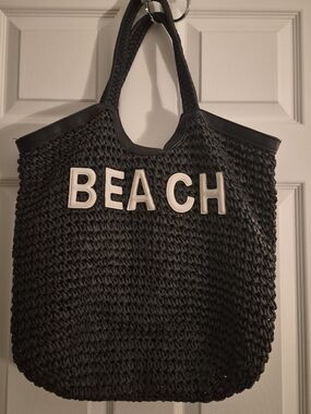 Black 'BEACH' Woven Tote Bag